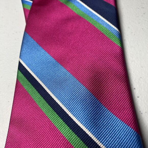 BREUER Men's Silk Necktie ITALY Hand Made Designer STRIPED Pink/Blue/Green EUC - Picture 2 of 8